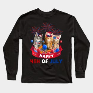 Three Cat Happy 4th Of July American Cat Lover Independence Day Long Sleeve T-Shirt